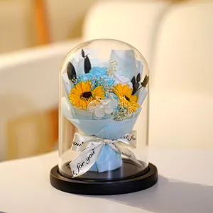 Blue soap roses and sunflowers in a glass dome with 'Just for you' ribbon gift.
