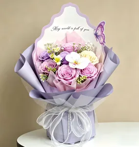 Kunstmatige zeep roos bloemenboeket met vlinder decoratie paars cadeau Valentijnsdag