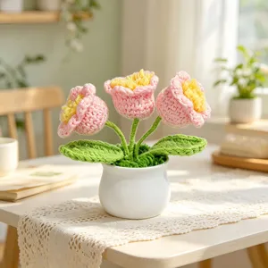 Hand-crocheted pink tulip potted plant on a lace table runner, cozy home decor gift.