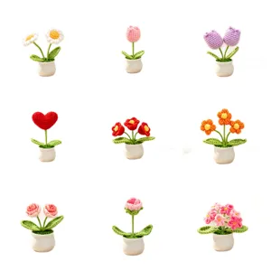 Handmade crochet mini potted flowers set with various sunflower and tulip ornaments