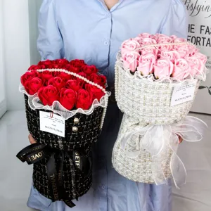 Tweed Style Soap Rose Bouquet Artificial Flower Pearl Ribbon Valentine Mother Day Teacher Gift Decorative Bouquet