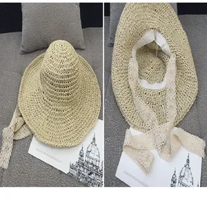 Detailed views showing the top and interior of a woven straw sun hat with lace ribbon