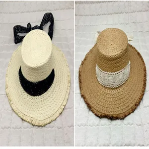 Comparison of wide brim straw hats with delicate lace bands and stylish fringed edges