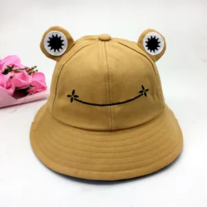 Cute Frog Bucket Hat Cartoon Smiley Face Embroidery Sun Protection Fisherman Cap for Women