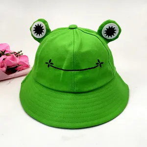 Cute frog bucket hat with embroidery details, green cotton sun hat for summer outdoor wear.