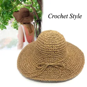 Wide brim straw sun hat with bow tie for women summer beach vacation