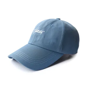 Stylish blue baseball cap with white letter embroidery, soft top casual sun hat for men and women.