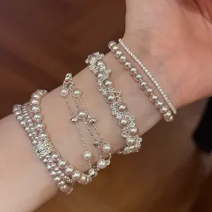 Pulsera de Doble Capa de Perlas Artificiales de Estilo Francés para Mujer Pulsera de Cuentas de Circonia Estrella Corazón Joyería Elegante