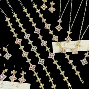 French Vintage Gold Plated Four-leaf Flower Jewelry Women Luxury Rhinestone Bracelet Necklace Stud Earrings Retro Accessory