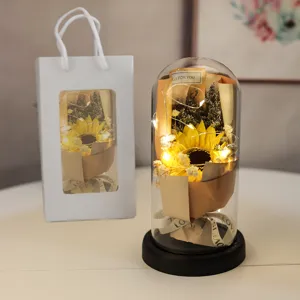 Sunflower eternal flower glass dome LED night light with gift bag, romantic holiday gift.