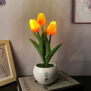 Luz nocturna LED de tulipan con base de maceta ceramica, lampara de escritorio de ambiente.