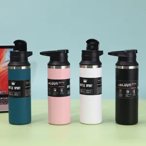 Stainless steel sports water bottle with handle, vacuum insulated gym flask for outdoor use.