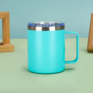 Tazza termica da 14oz in acciaio inox turchese con manico e coperchio trasparente.