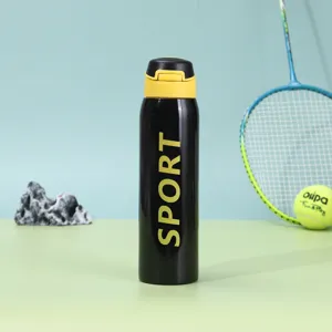 Borraccia sportiva in acciaio inox nero con tappo giallo e scritta SPORT verticale