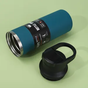 Stainless steel thermos water bottle detail view, portable outdoor sports cup design.