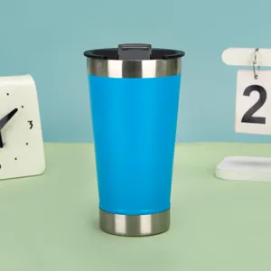 Stainless steel travel tumbler detail, blue insulated coffee cup with secure lid and steel base.