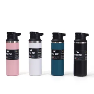 Details of colorful stainless steel sports water bottles available in pink white blue and black.