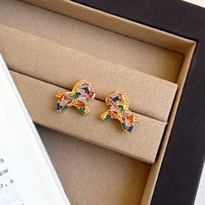 Boucles d'oreilles cheval en zircon coloré, finition dorée, style dopamine tendance