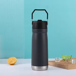 Schlanke dunkelgraue 304 Edelstahl Vakuum isolierte Sportwasserflasche mit Griff