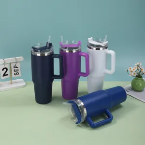 Variety of 40oz stainless steel insulated tumblers with ergonomic handles and straws