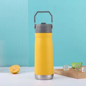 Tragbare gelbe isolierte Edelstahl-Wasserflasche mit einem grauen praktischen Tragegriff.