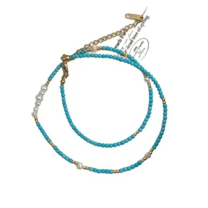 Natural freshwater pearl and turquoise stone layered beaded necklace with gold accents