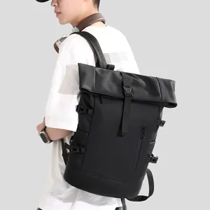 Large capacity black waterproof roll-top business laptop backpack for men outdoor travel