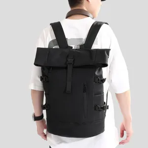 Professional black roll-top backpack for men, large capacity laptop bag for travel