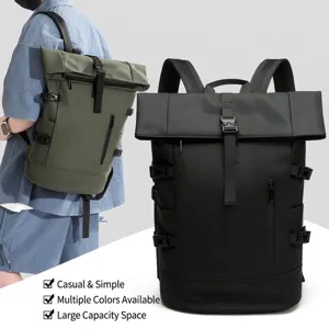 Large capacity roll-top business laptop backpack for men in black and olive green