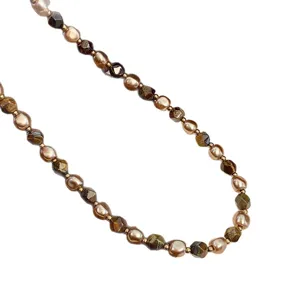 Vintage natural tiger eye and pearl beaded necklace in Maillard brown tones for women.