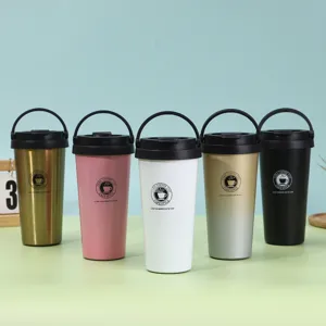 Stainless steel thermal coffee mug detail, portable handle design, multi-color gradient display.