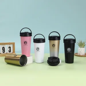 Double layer 304 stainless steel insulated coffee tumbler with portable handle for outdoor office.