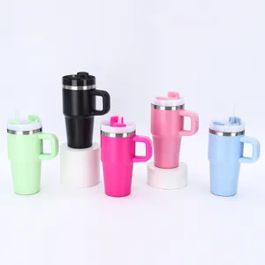 Variety of 20oz stainless steel tumblers with handles and straws in vibrant colors
