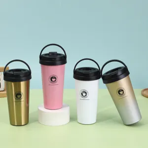 Detailed view of portable stainless steel travel coffee mug with handle and secure lid.