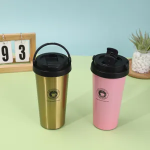 Double layer stainless steel insulated coffee mug with portable handle and leakproof lid.