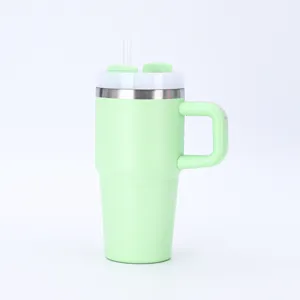 Detailed side view of a 20oz light green stainless steel tumbler with handle and straw