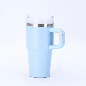 Modern 20oz light blue stainless steel insulated travel tumbler with handle and straw