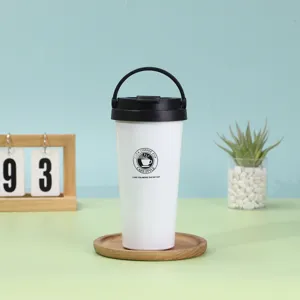 Double layer stainless steel coffee tumbler with portable handle for office and travel use