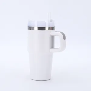 Detailed side view of a white 20oz stainless steel tumbler with handle and straw