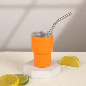 Mini vaso térmico de acero inoxidable con pajita y tapa, color naranja, ideal para el café.