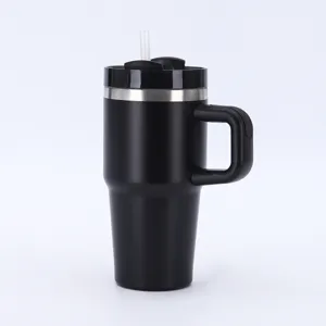 20oz matte black vacuum insulated stainless steel tumbler with handle and straw detail