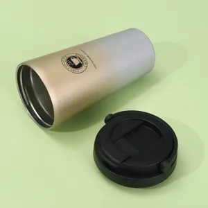 Double wall stainless steel coffee tumbler detail, portable handle and leakproof lid design.
