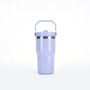 Detailaufnahme des hellvioletten 20oz Edelstahltumblers mit tragbarem Deckelgriff.