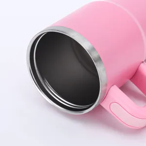 Detailed close-up showing the rim and handle of a pink 20oz stainless steel insulated tumbler