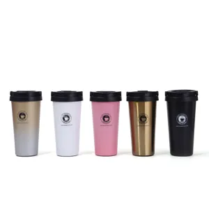 Detailed view of double layer stainless steel travel coffee cups in multiple colors.