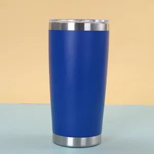 Stainless steel insulated tumbler detail view, double wall vacuum cup close up.