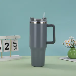 Premium dark grey 40oz insulated stainless steel tumbler with handle and straw detail