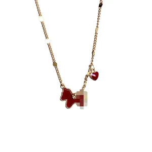 Elegant red enamel horse and heart pendant necklace with gold chain in Chinese style