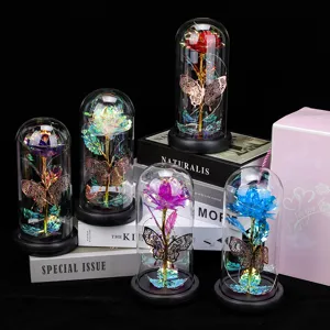 Rose eternelle sous cloche en verre avec papillon et guirlande LED pour cadeau romantique