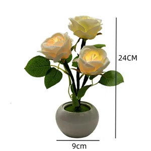 Artificial rose flower ceramic table night light romantic bedroom bedside decorative lamp